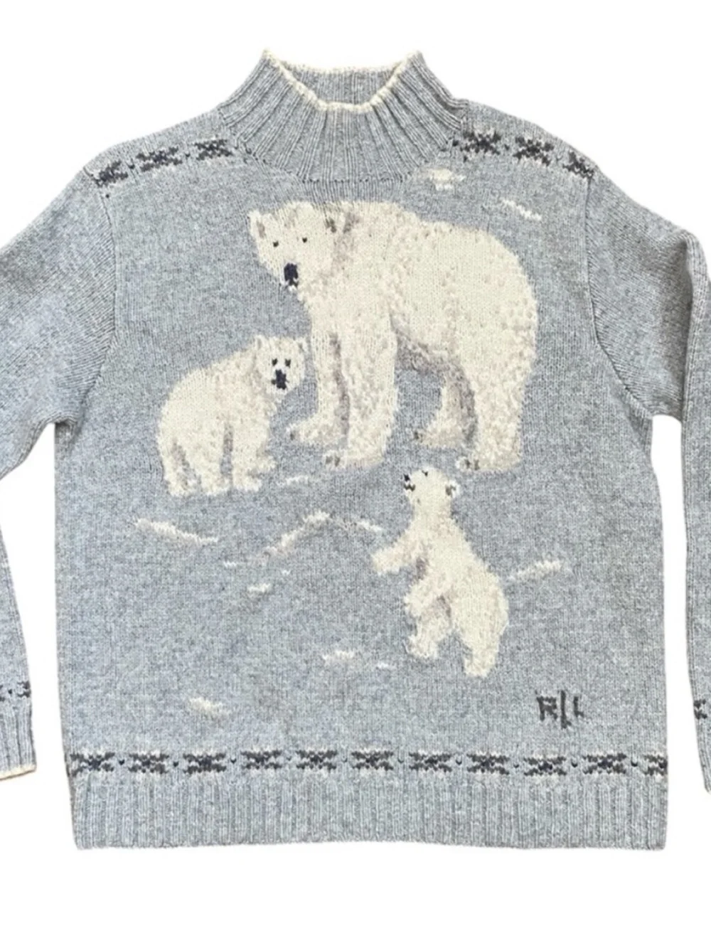 Lauren Ralph Lauren Gray Sweater | Hand Knit Vintage Lambswool Polar Bear - Picture 5 of 5